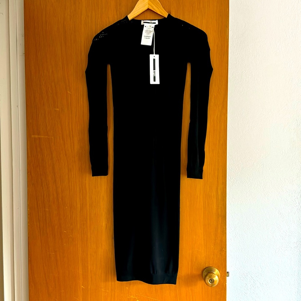 NWT McQ Alexander McQueen stretch midi black dress with see-thru bird detailing